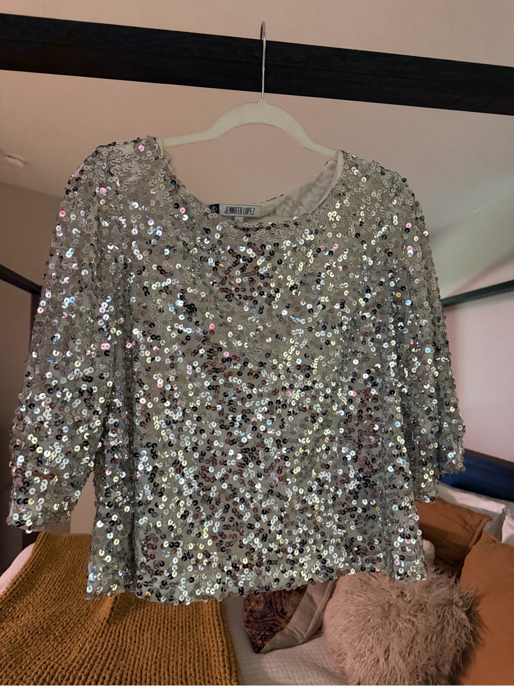 Jennifer Lopez Silver Sequin Three-Quarter Sleeve Top